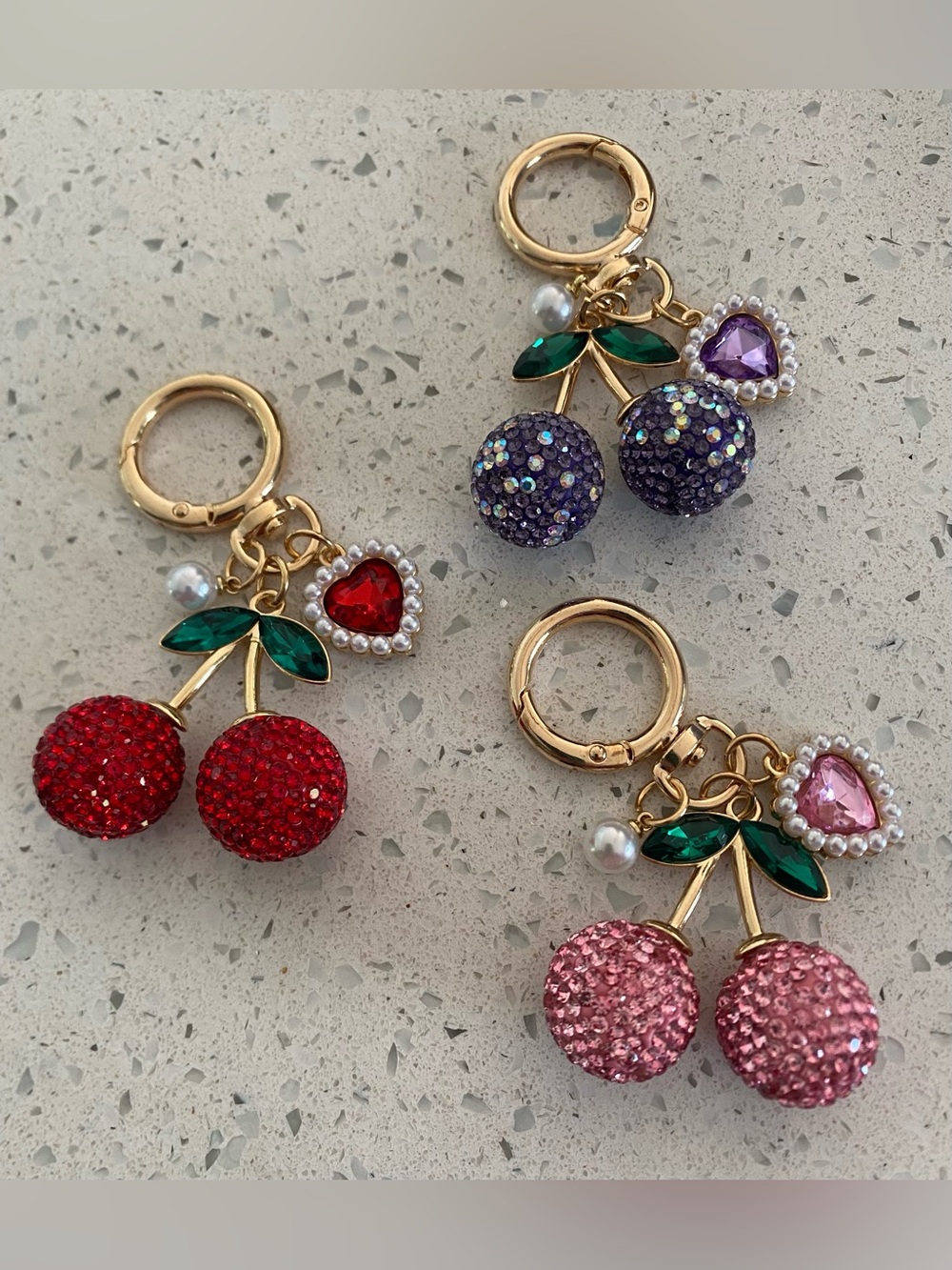 Cherry Purse Charm Rhinestone & Green Synthetic Gemstone Accents Gorgeous Bling